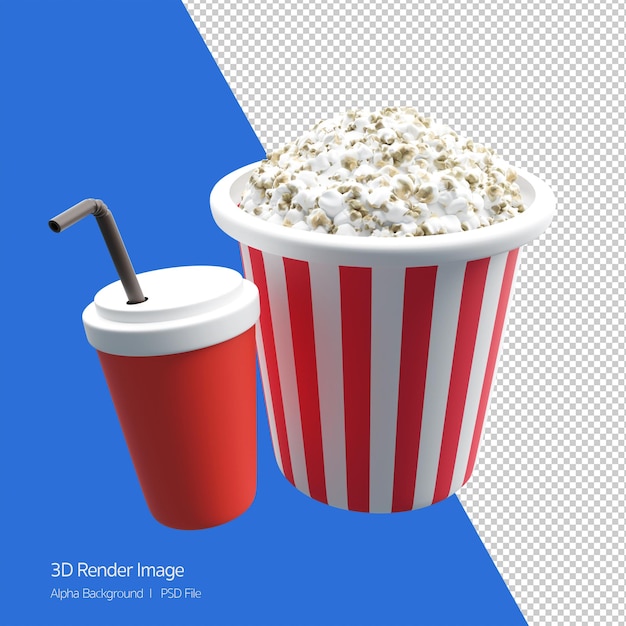 PSD conceito de filmeilustração de renderização em 3d de um balde de pipoca com refrigerante