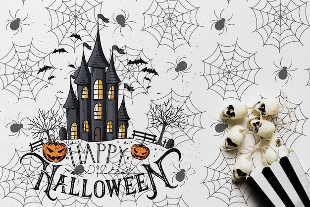 Conceito de Halloween com casa assombrada e caveiras