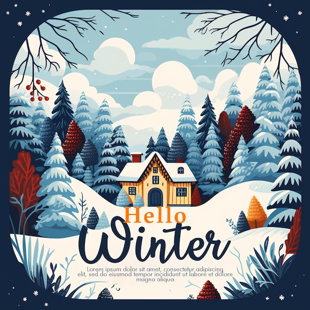 PSD conceito de hello winter desenhado à mão com fundo de inverno e ilustração de modelo de bandeira de inverno