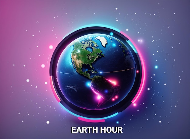 PSD conceito de hora da terra com luzes de néon planeta terra plana no espaço globo da terra com interruptor de luz ono ff