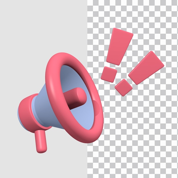 conceito de ícone de alto-falante de ponto de exclamação de objeto 3d