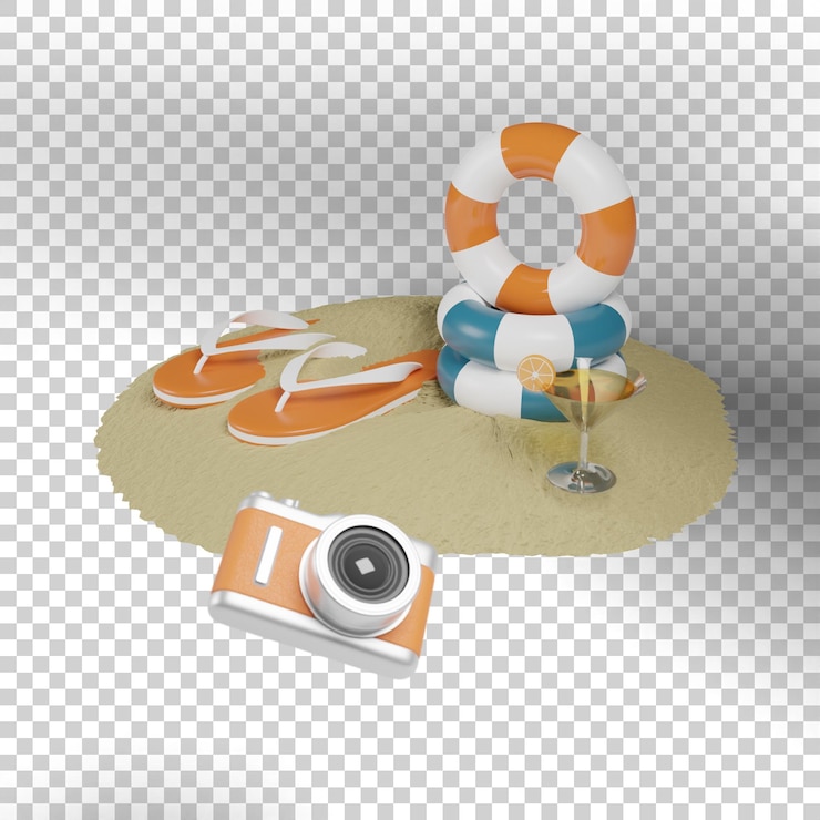 PSD conceito de ícone de verão água areia palmeira sol e pódio isolado 3d render