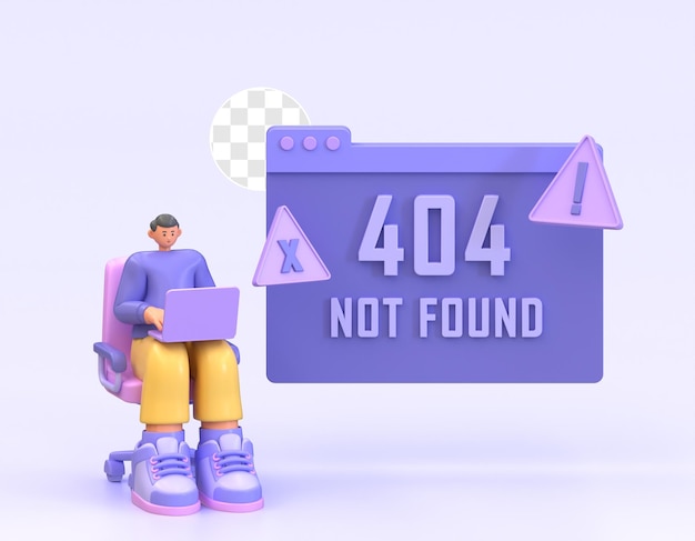 Conceito de ilustração de erro 404 com página de caracteres 3D não encontrada cena de erro de página 404