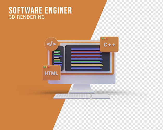 Conceito de ilustração de tela de computador de engenheiro de software, renderização em 3D