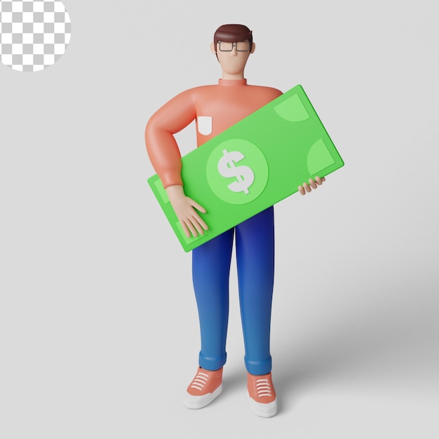 Conceito de ilustrações 3d desenho de homem rico com empresário segurando dinheiro psd premium