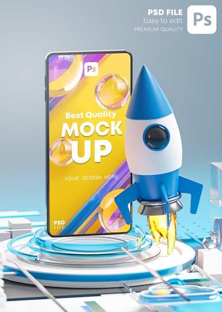 Conceito de inicialização foguete futurista azul projeto lançamento de smartphone modelo de maquete de negócios 3d render