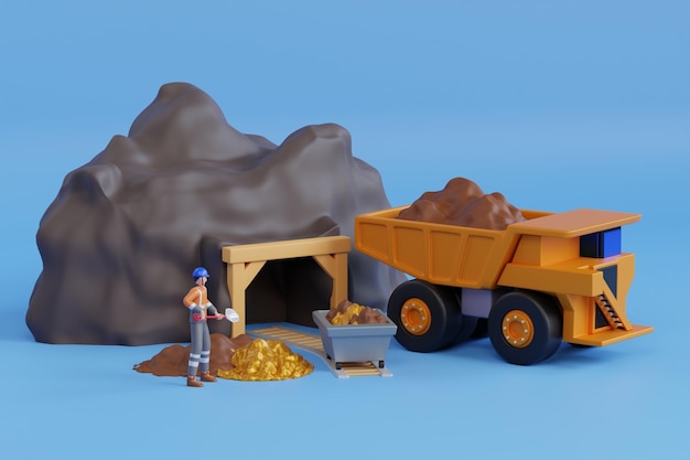 PSD conceito de mineração de ouro o caminhão de mineração se posiciona na entrada da caverna carregando constantemente