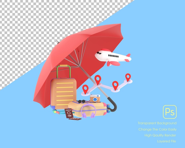 PSD conceito de negócio de seguro de viagem 3d avião e malas de cobertura de guarda-chuva vermelho