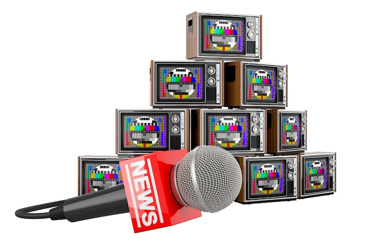 PSD conceito de notícias de tv notícias de microfone com aparelhos de tv renderização 3d isolada em fundo transparente