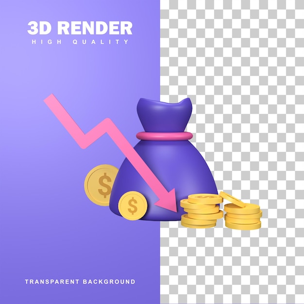 Conceito de redução de custo de renderização 3d com setas para baixo.