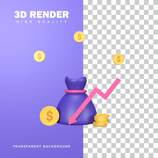 Conceito de redução de custo de renderização 3d com setas para baixo.