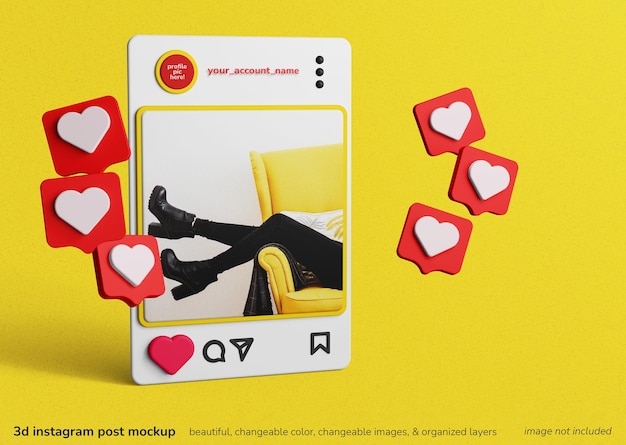 Conceito de renderização 3D de post de quadros de aplicativos do Instagram com maquete de notificações semelhantes