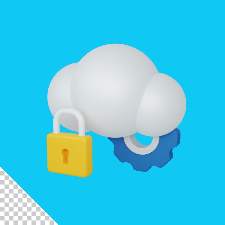 PSD conceito de segurança de nuvem de renderização 3d com engrenagem de nuvem e cadeado colorido útil para o servidor de ti