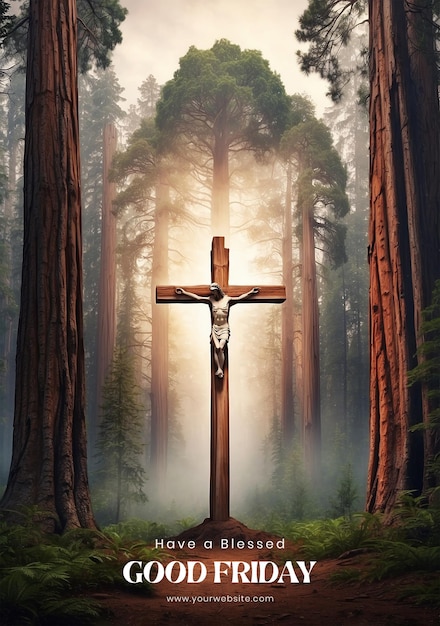 PSD conceito de sexta-feira santa cruz cristã aninhada entre altas árvores de sequóia