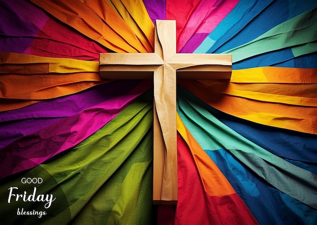 PSD conceito de sexta-feira santa cruz cristã contra uma tapeçaria de cores vibrantes