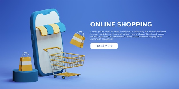 conceito de site de página de destino de compras on-line com um telefone celular 3D, pacote e carrinho de carrinho