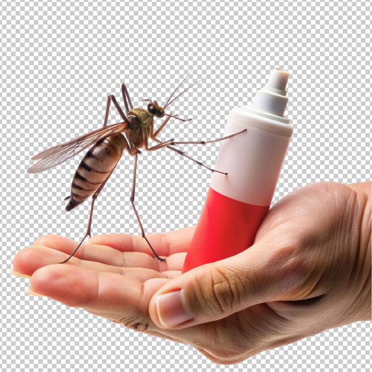 PSD conceito de spray de mosquito de mão em fundo transparente