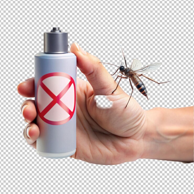 PSD conceito de spray de mosquito de mão em fundo transparente