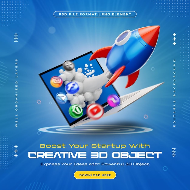 Conceito de Startup em impulsionar o Marketing de Mídia Social com Laptop e Boost Rocket