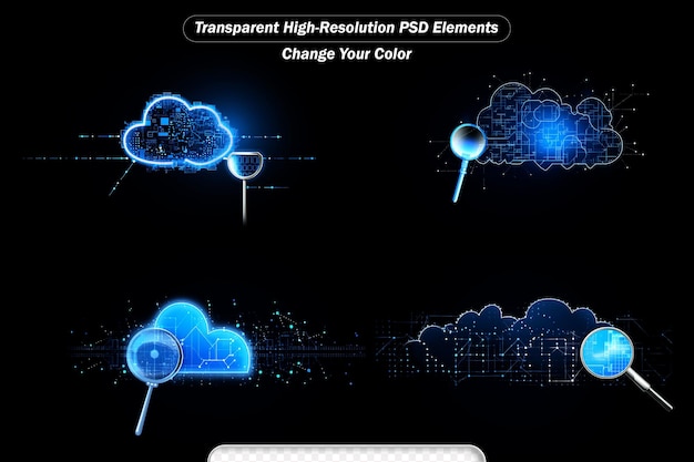 PSD conceito de tecnologia de serviço em nuvem e de intercâmbio de dados com vista frontal no símbolo de nuvem azul digital