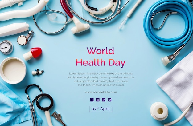 PSD conceito do dia mundial da saúde diferentes equipamentos médicos bordas de decoração em fundo azul claro
