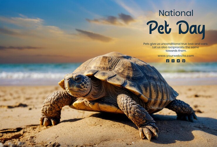 PSD conceito do dia nacional dos animais de coração paisagem mística de praia com uma velha e sábia tartaruga a tomar o sol quente