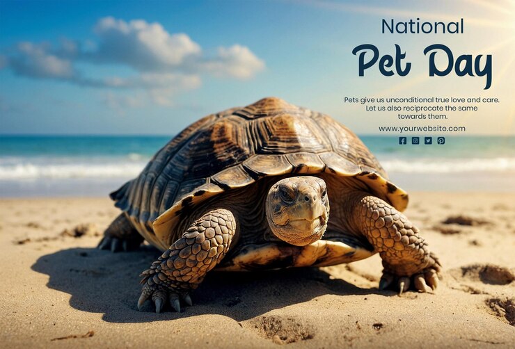 PSD conceito do dia nacional dos animais de coração paisagem mística de praia com uma velha e sábia tartaruga a tomar o sol quente