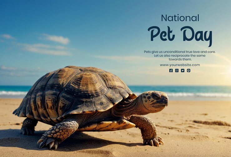 PSD conceito do dia nacional dos animais de coração paisagem mística de praia com uma velha e sábia tartaruga a tomar o sol quente