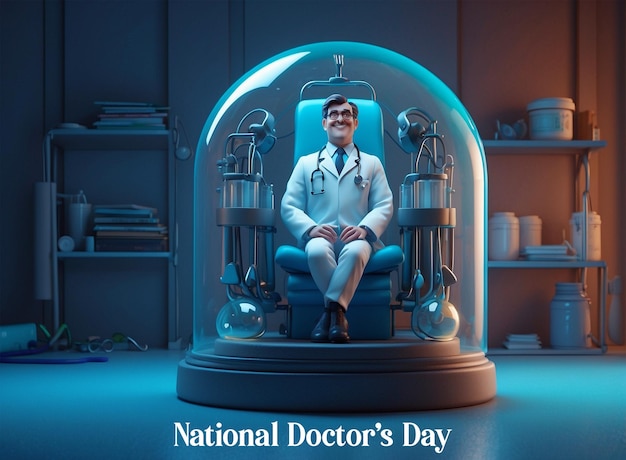 PSD conceito do dia nacional dos médicos 3d médico masculino emergindo de uma cápsula médica em fundo azul