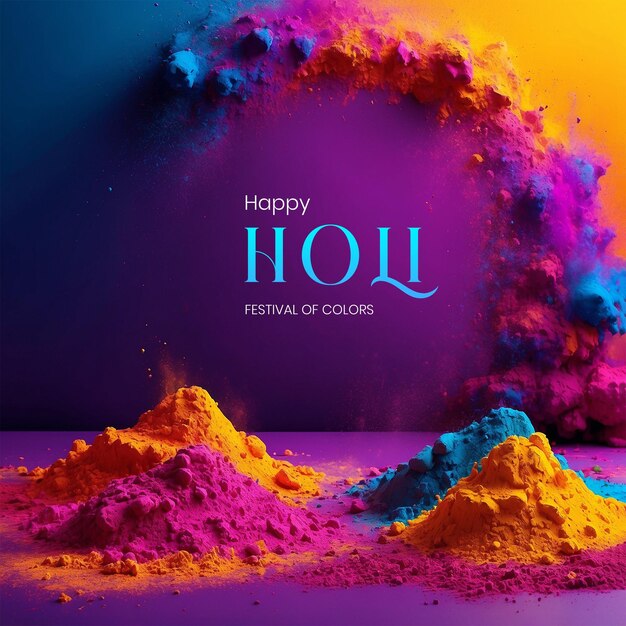Conceito do festival Holi explosões de pó multicolor em fundo roxo escuro
