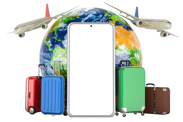 Conceito global de viagens aéreas Aviões com globo terrestre e malas em 3D isoladas em fundo transparente