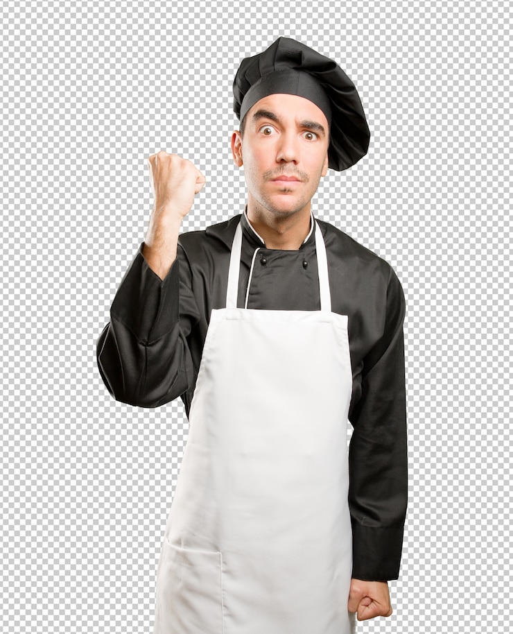 PSD concentrado joven chef con un gesto de lucha