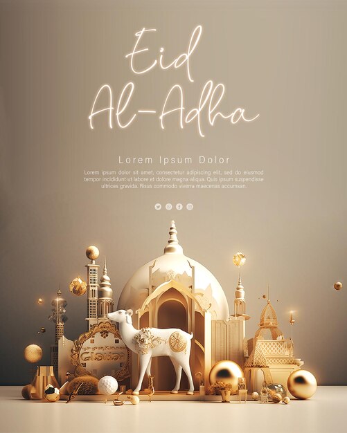 PSD concept d'affiche eid al adha avec chèvre et fond de mosquée