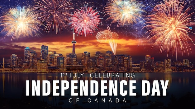 Concept D'affiche De La Fête De L'indépendance Du Canada Avec Vue Nocturne Sur La Ville Et Feux D'artifice