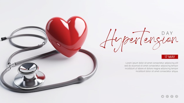 Concept d'affiche de la journée mondiale de l'hypertension avec stéthoscope et forme de coeur rouge