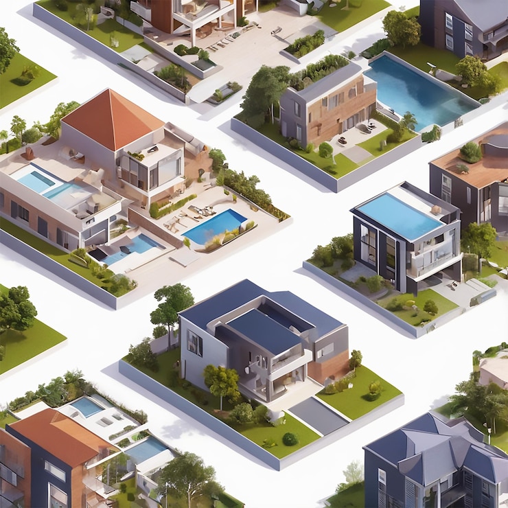 PSD concept de banlieue isométrique et conception du village