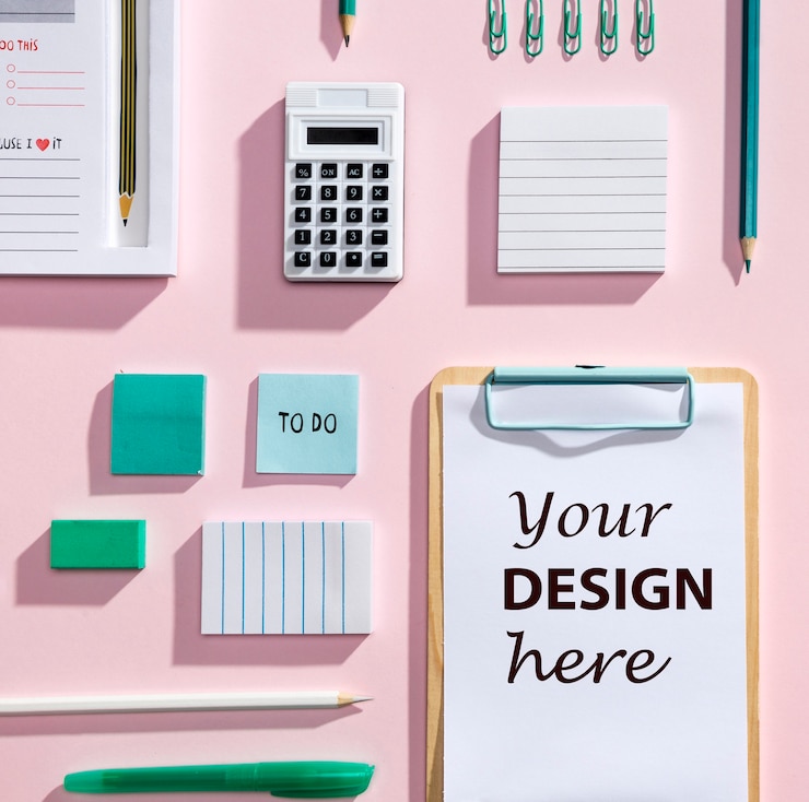 PSD concept de bureau avec vue du dessus avec le presse-papier de la maquette