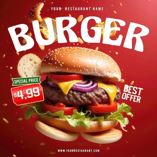 Concept de burger de nourriture Psd flyer carré ou conception de message sur les médias sociaux