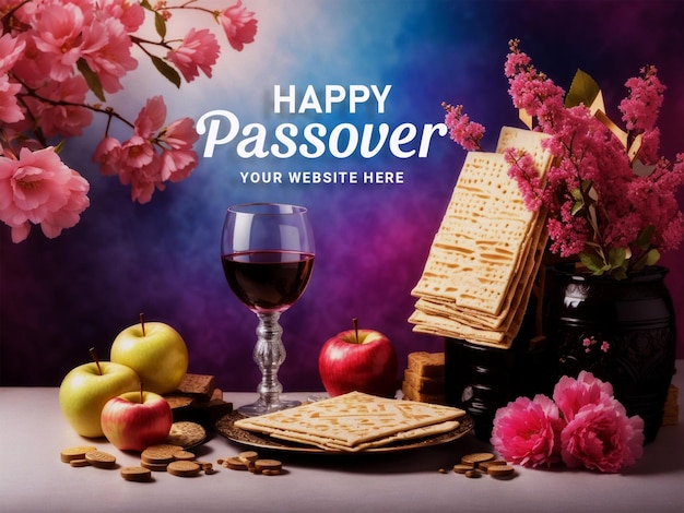 PSD le concept de la célébration de la pâque matzah boire de la noix rouge casher et du printemps de belles fleurs de roses