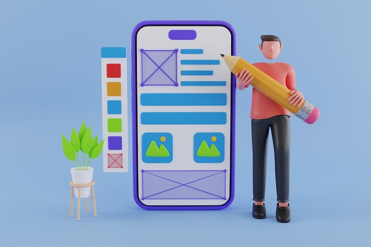 PSD concept de conception d'interface utilisateur avec des caractères et du texte où l'homme crée un design personnalisé pour une application mobile
