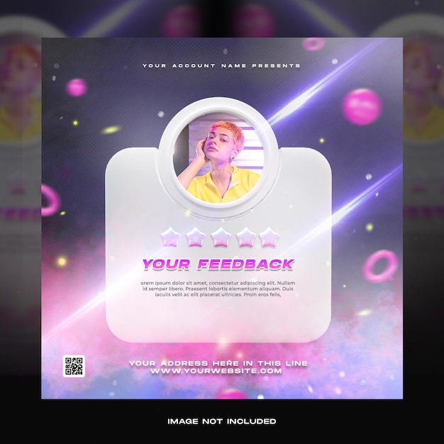 Concept créatif feedback client témoignage médias sociaux instagram post modèle néon rétro
