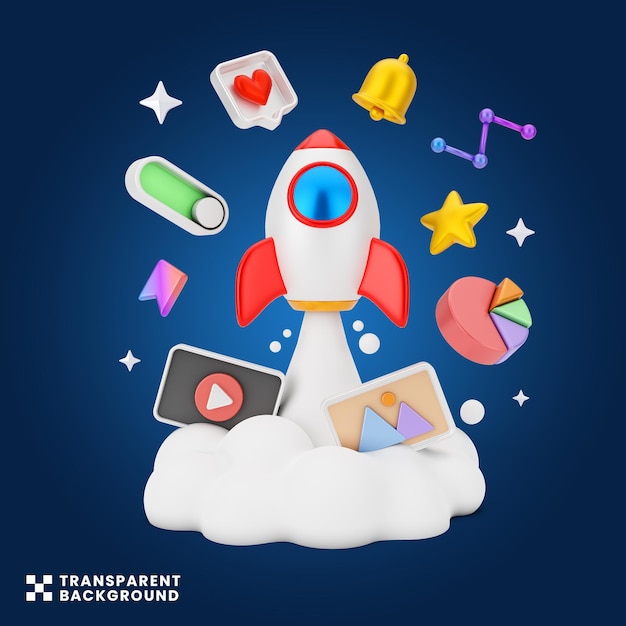 concept créatif médias sociaux marketing numérique illustration 3d lancement de fusée