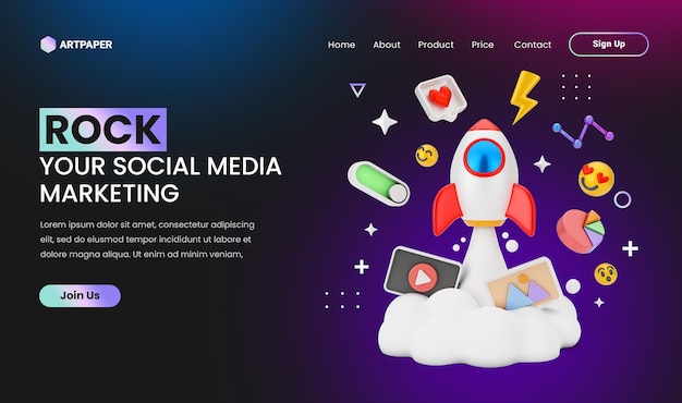 concept créatif page de destination marketing des médias sociaux avec illustration de concept de fusée colorée 3d