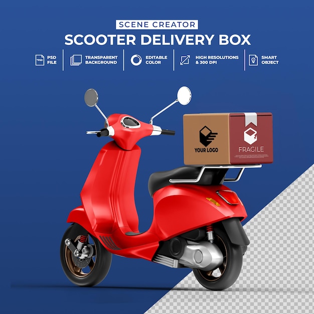 PSD concept créatif rendu 3d de livraison scooter vélo avec maquette de boîte