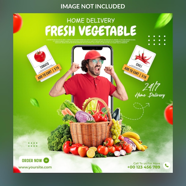 Concept creativo di consegna di verdure e frutta fresche per il modello di post di Instagram