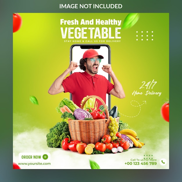 Concept creativo di consegna di verdure e frutta fresche per il modello di post di Instagram