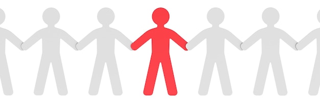 Concept del leader Silhouette di carta di esseri umani con una persona rossa all'interno del rendering 3D isolato su uno sfondo trasparente