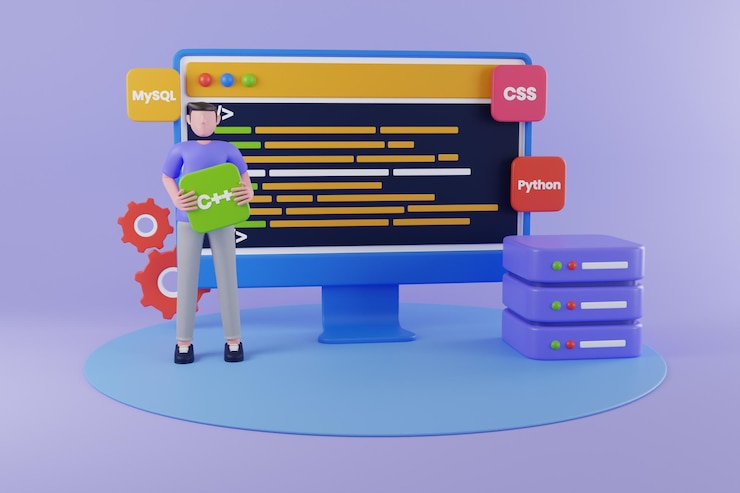 PSD concept de développement back-end avec illustration 3d de codage et de programmation