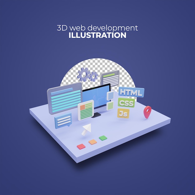 Concept de développement Web de rendu 3D avec des icônes informatiques Idée de codage et de programmation