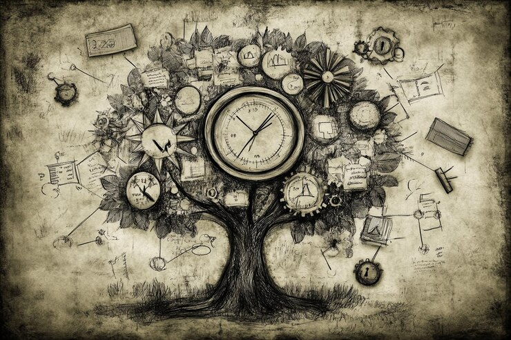 PSD concept di gestione del tempo albero dell'orologio con ingranaggi documenti e idee
